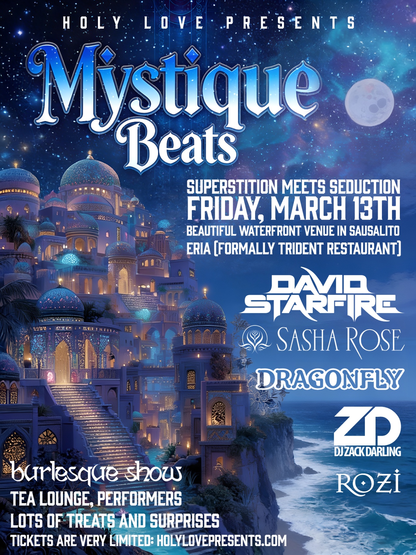 Mystique Beats event flyer showing the full lineup and event details